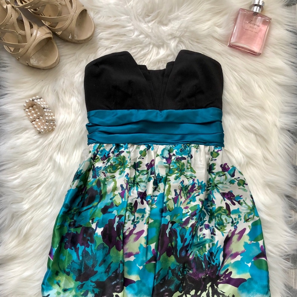 Formal Floral Black, Blue, & Green Cocktail Dress